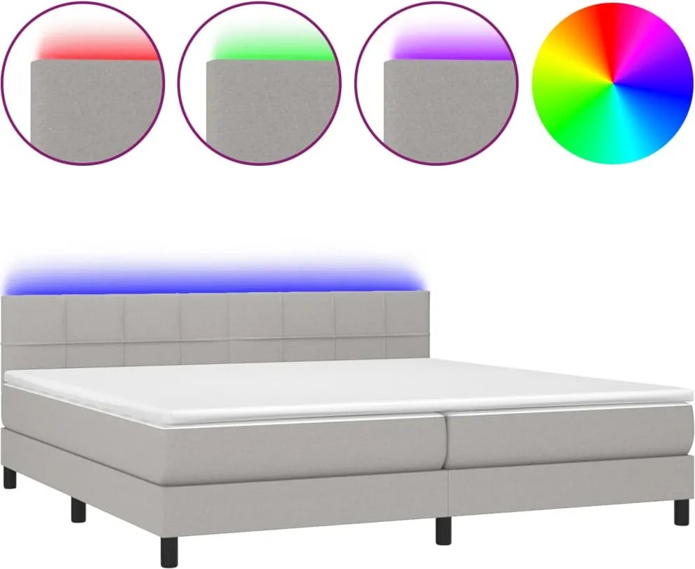 vidaXL Pat cu arcuri, saltea și LED, gri deschis, 200x200 cm, textil