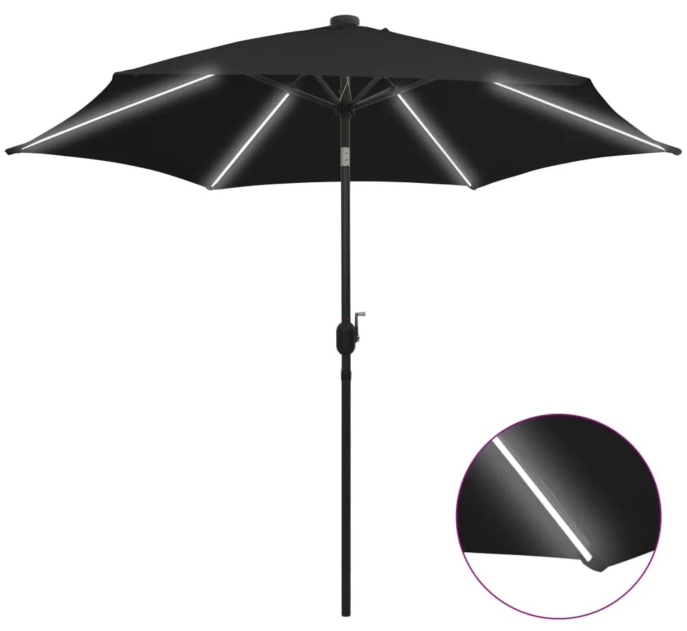 vidaXL Umbrelă de soare cu LED-uri, stâlp din aluminiu, negru, 300 cm