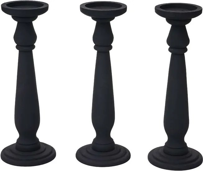 Set de 3 suporturi pentru lumanari, lemn masiv, negru, 35 x 12,5 x 12,5 cm