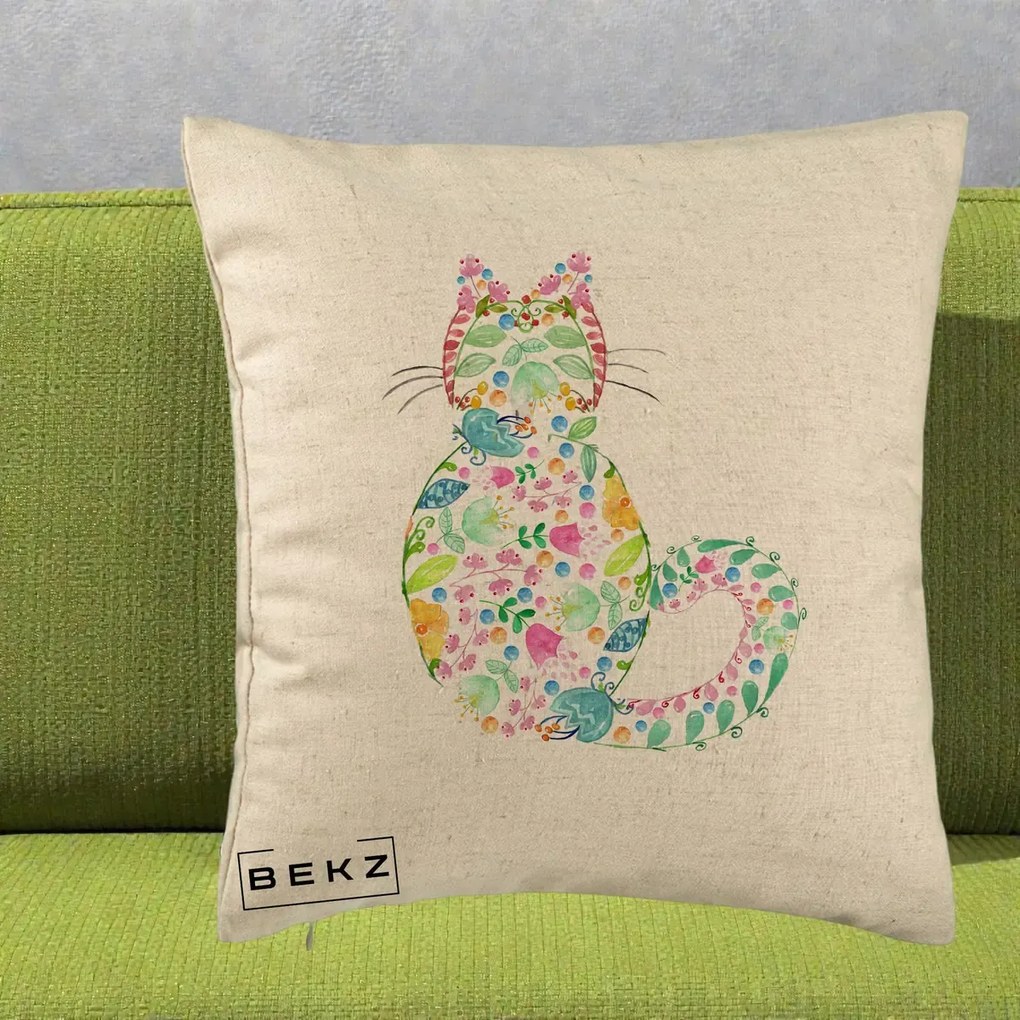 Perna Decorativa Pisica Florala Acuarela, 40x40 cm, Bej, Husa Detasabila, Perna Inclusa, BEKZ®
