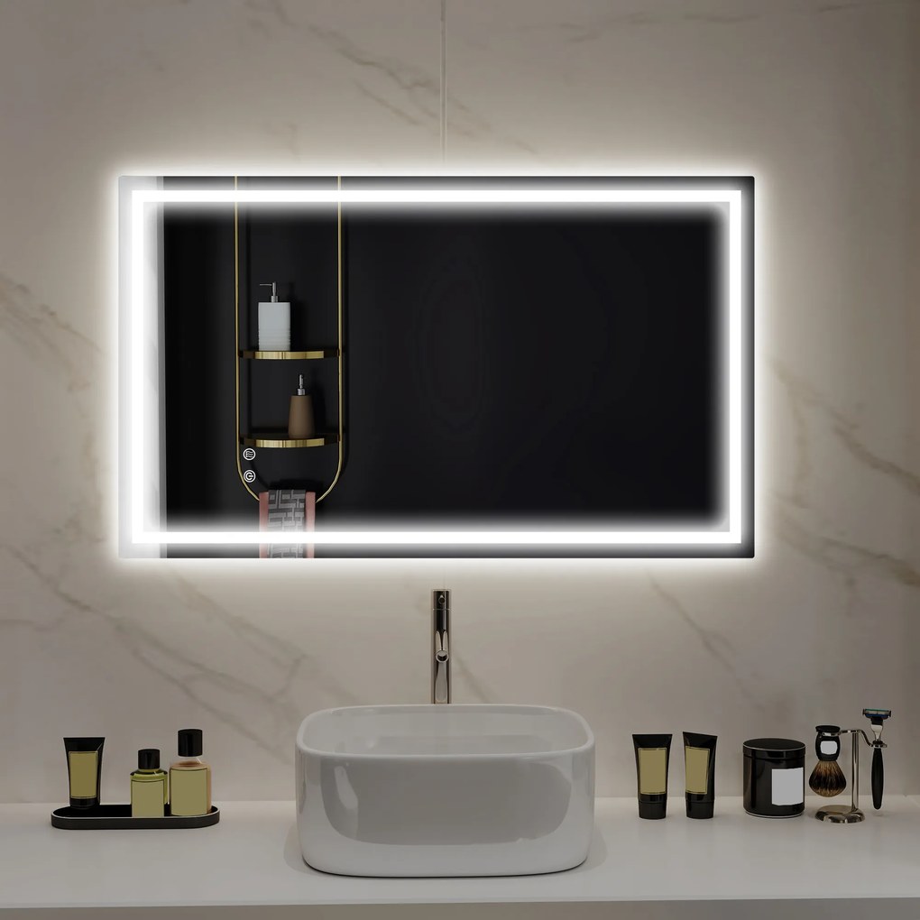 HOMCOM Oglindă de Baie Iluminată cu Lumini LED Reglabile și Strat Anti-Condens, 100x60 cm, Transparent | Aosom Romania