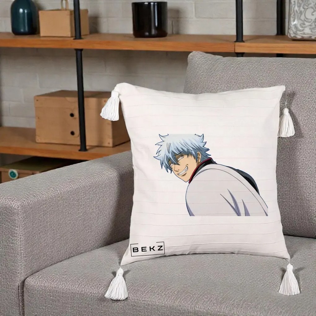 Perna Personalizata Gintama Gintoki Portret cu Zambet, 40x40 cm, Bej cu Franjuri, Husa Detasabila, Perna Inclusa, BEKZ®