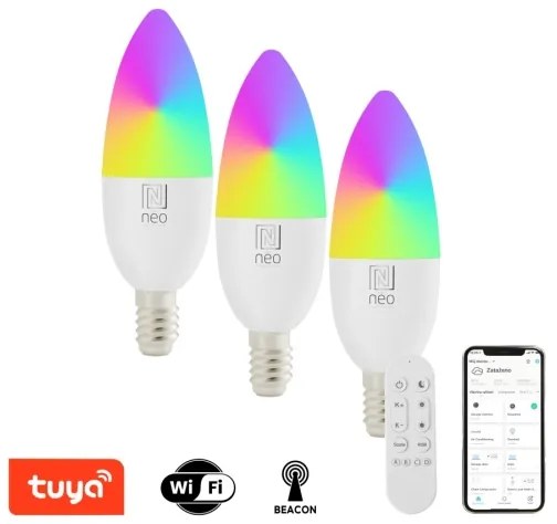 SET 3x bec LED RGB dimabil Immax NEO 07716CDO E14/6W/230V Wi-Fi Tuya + telecomandă