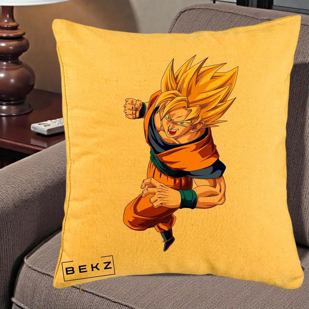 Perna Personalizata Dragon Ball Goku Super Saiyan 2 Lupta, 40x40 cm, Galben, Husa Detasabila, Perna Inclusa, BEKZ®