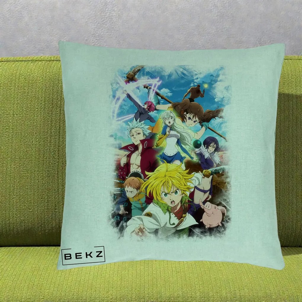 Perna Personalizata Nanatsu no Taizai Cele Sapte Pacate Mortale Anime, 40x40 cm, Verde Menta, Husa Detasabila, Perna Inclusa, BEKZ®