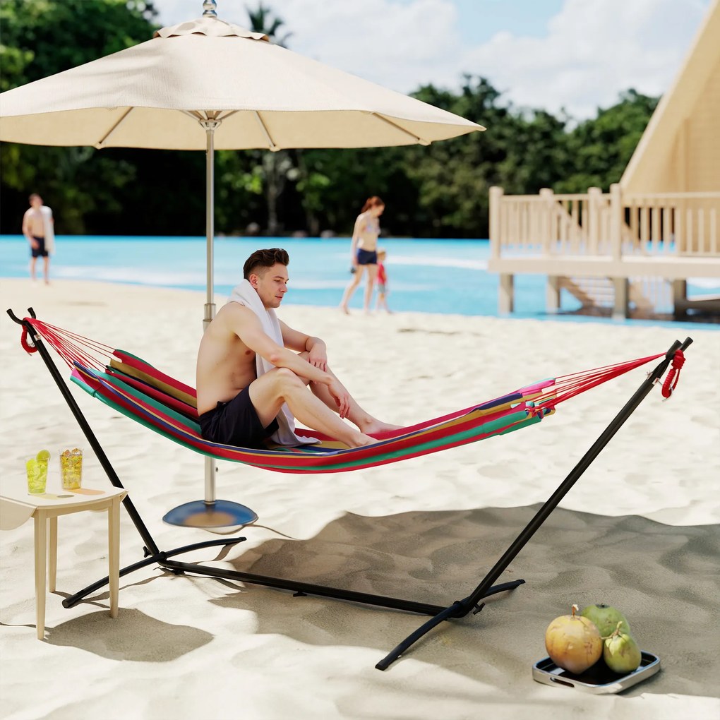 Outsunny Hamac cu Suport 310x117 cm pentru Camping cu Înălțime Reglabilă și Geantă de Transport, Capacitate 120 kg, Dungi Portocalii și Roșii | Aosom Romania