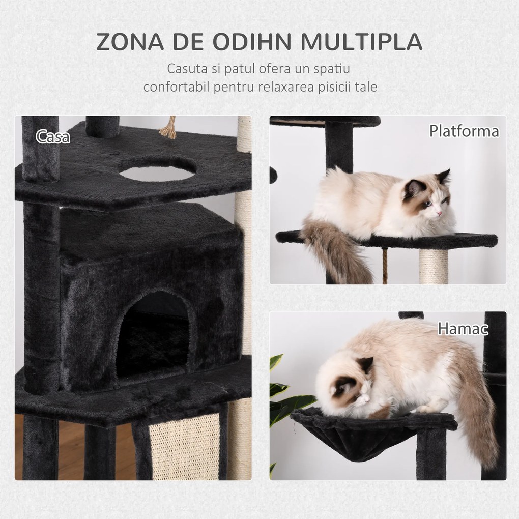 PawHut Stalp de sgariat pentru Pisici pe mai multe niveluri Inalt 210-240cm cu Cusca si Hamac