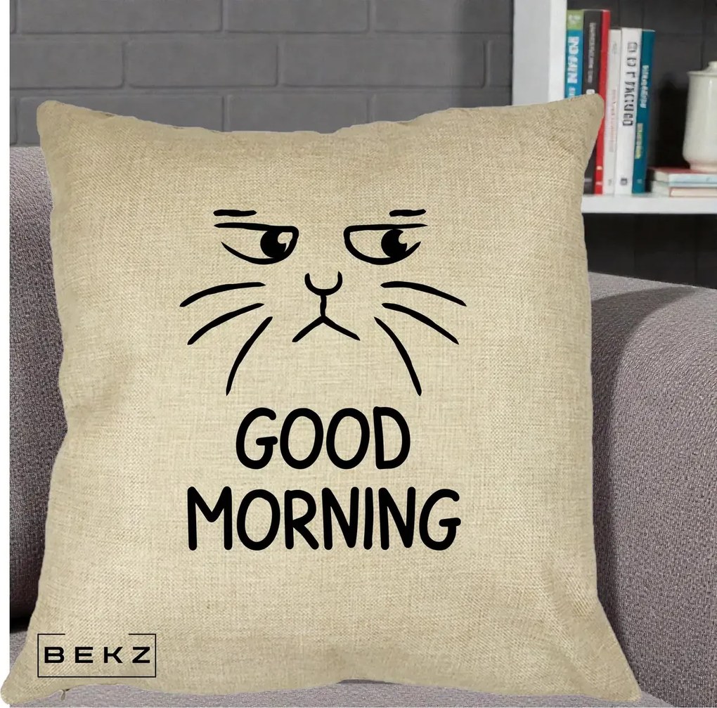 Perna Decorativa Pisica Morocanoasa Good Morning, 40x40 cm, Crem, Husa Detasabila, Perna Inclusa, BEKZ®