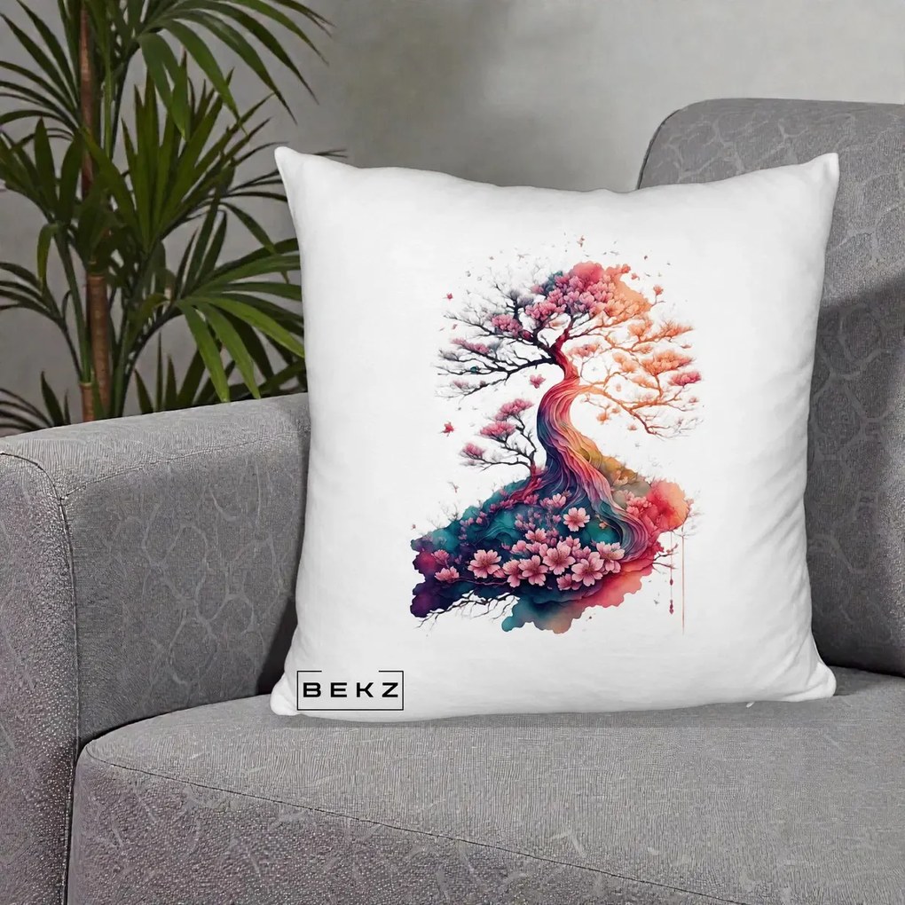 Perna Decorativa Copac Sakura Acuarela Fantasy, 40x40 cm, Alb Pufos, Husa Detasabila, Perna Inclusa, BEKZ®
