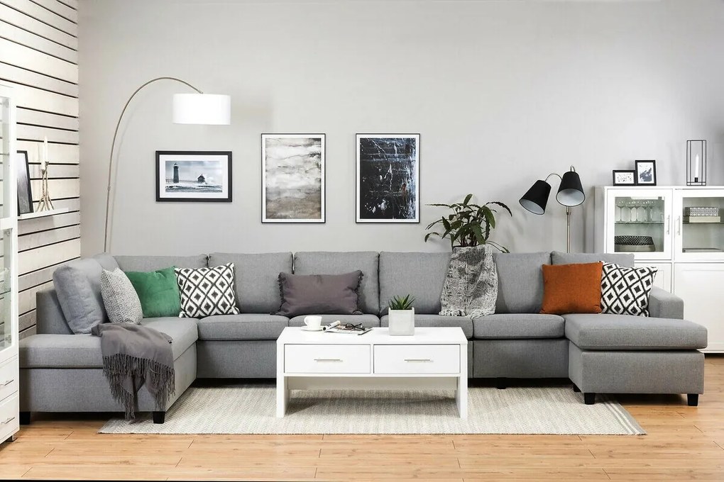 Colțar Scandinavian Choice C164Gri deschis, Negru, 407x199x80cm, Picioare: Plastic