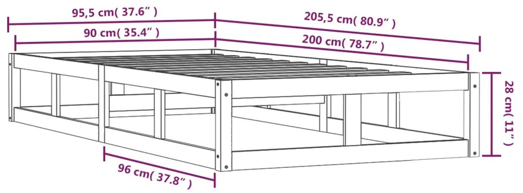 Cadru de pat, alb, 90x200 cm, lemn masiv Alb, 90 x 200 cm