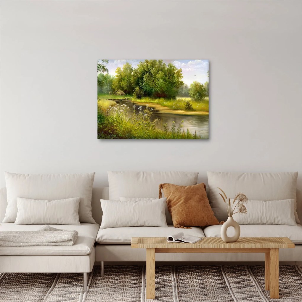 Tablou - Râu lângă pădure, pictură în ulei (70x50 cm)