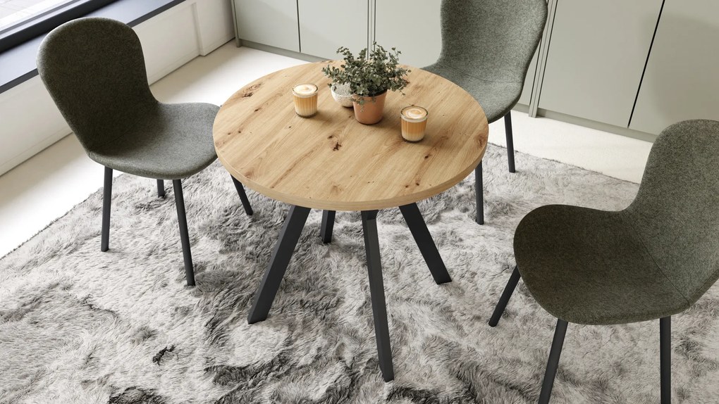 Mazzoni ALMO 80 Stejar Artisan/picioare negre - MASĂ ROTUNDĂ CU PICIOARE Y LOFT/INDUSTRIAL PENTRU BUCĂTĂRIE LIVING SAU SUFRAGERIE