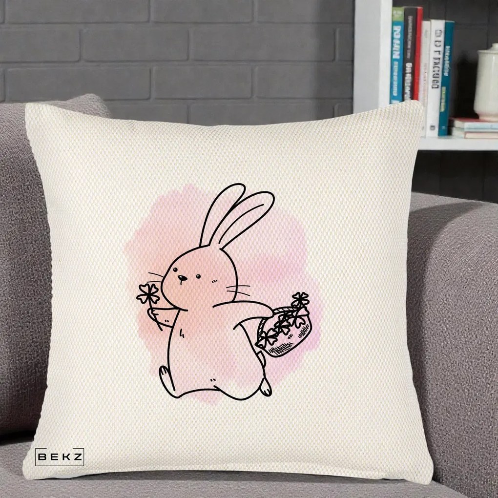 Perna Decorativa Iepuras Kawaii cu Cosulet Floral, 40x40 cm, Crem Reliefat, Husa Detasabila, Perna Inclusa, BEKZ®