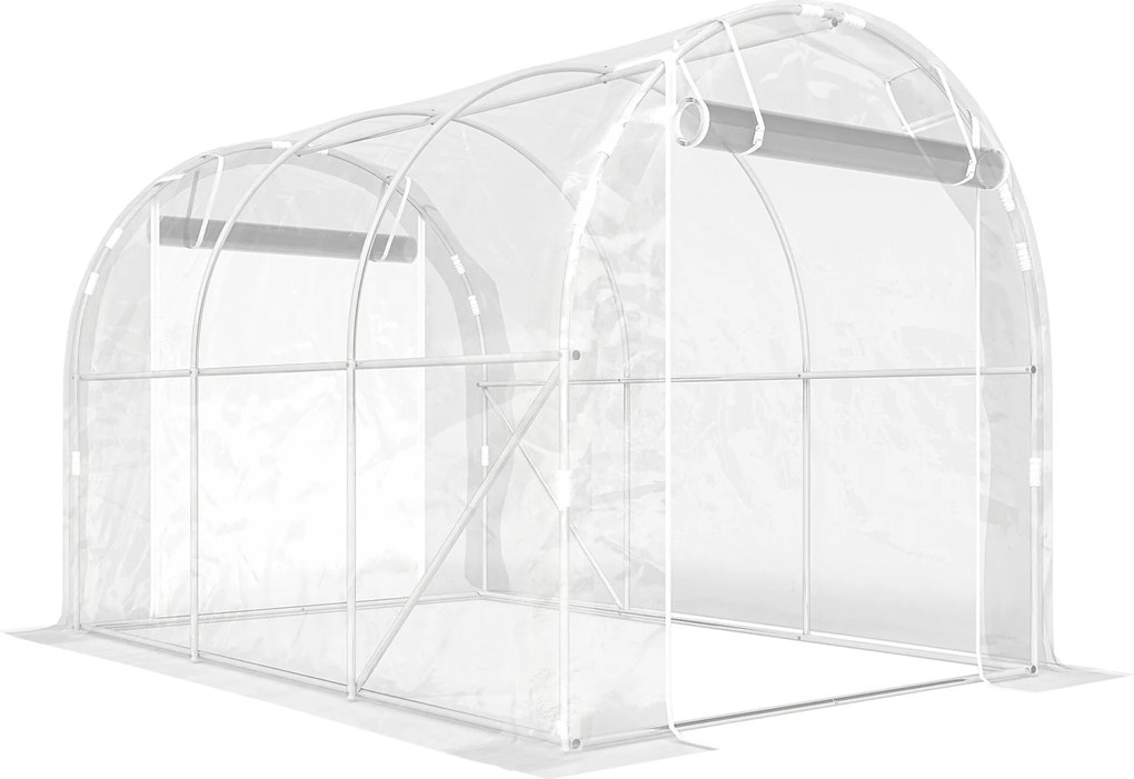 Outsunny Seră de Grădină Tip Tunel 2x3x2 m cu 2 Uși Rulabile, Seră pentru Legume, Flori și Fructe, cu 4 Bare Diagonale, Cadru din Oțel și Acoperiș PE, Transparentă | Aosom Romania