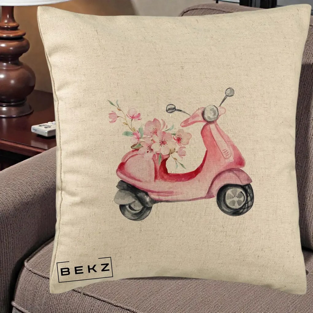 Perna Decorativa Scuter Roz cu Flori Acuarela, 40x40 cm, Bej, Husa Detasabila, Perna Inclusa, BEKZ®