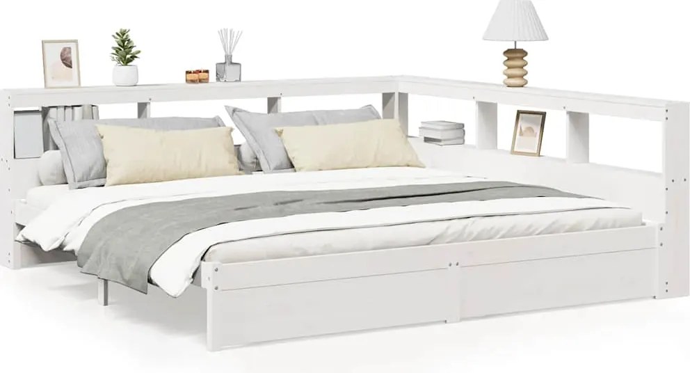 vidaXL Pat cu bibliotecă fără saltea, alb, 200x200 cm, lemn masiv pin