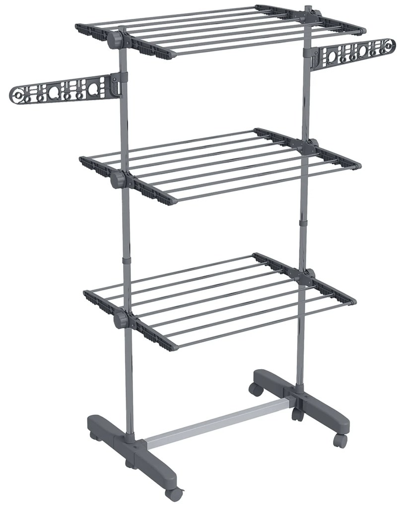 HOMCOM Uscător de Rufe Pliabil Tip Turn cu 6 Roți, Cârlige și 3 Rafturi Reglabile pentru Interior, 142x55x152 cm, Argintiu | Aosom Romania