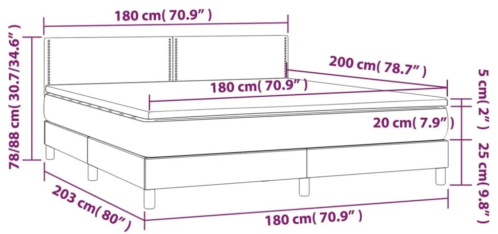 Pat cu arcuri, saltea si LED, gri, 180x200 cm, piele ecologica Gri, 180 x 200 cm, Culoare unica si cuie de tapiterie