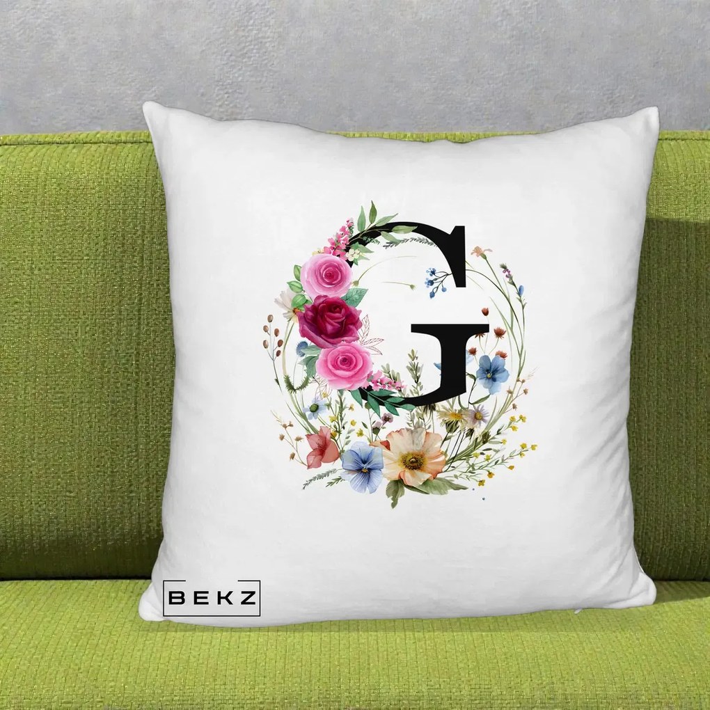Cadou Personalizat - Perna Personalizata Monogram Litera G cu Flori Acuarela, 40x40 cm, Alb Pufos, Husa Detasabila, Perna Inclusa, BEKZ®