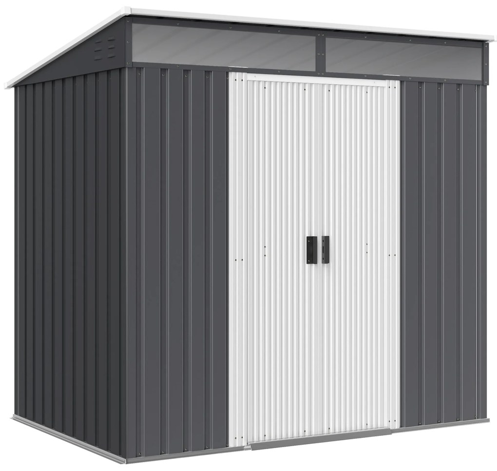 Outsunny Magazie 6,5 x 4 FT din metal galvanizat cu fundatie pentru gradina, Depozit cu incuietoare pentru unelte, Gri