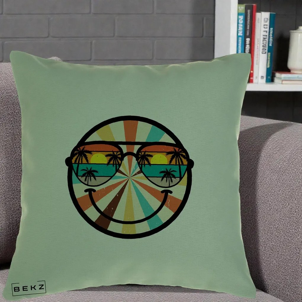 Perna Decorativa Smiley Face Retro Sunset Palmieri, 40x40 cm, Verde, Husa Detasabila, Perna Inclusa, BEKZ®