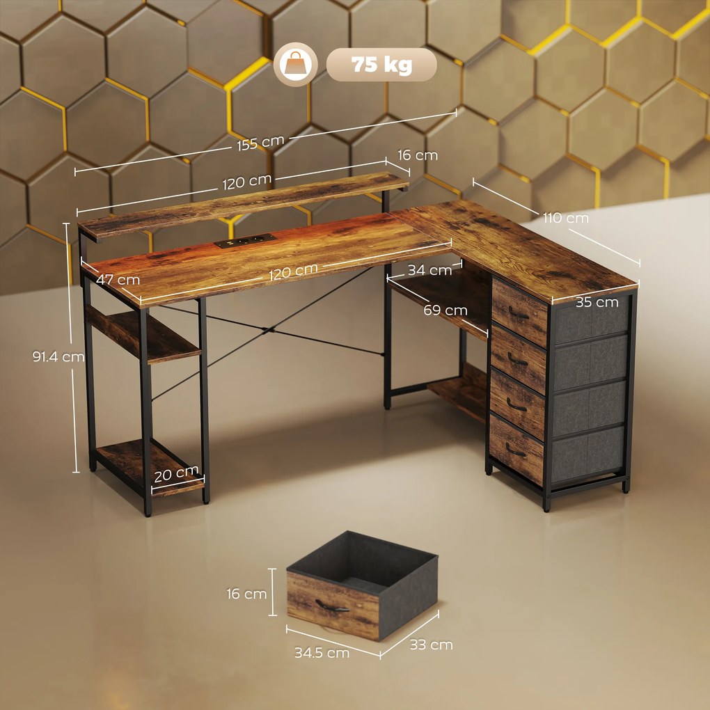 HOMCOM Birou de gaming în formă de L cu priză integrată, iluminare LED, 4 sertare, suport monitor 155x110x91,4 cm Maro | Aosom Romania