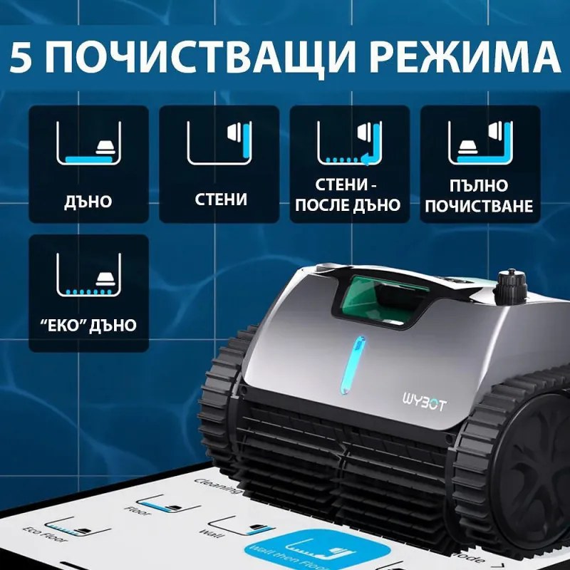 Robot curatare piscine fara fir Wybot C1 Pro, 65W, SMART, Pana la 150 m², 3 moduri, Auto-parcare, Auto-revers, IPX8, Gri