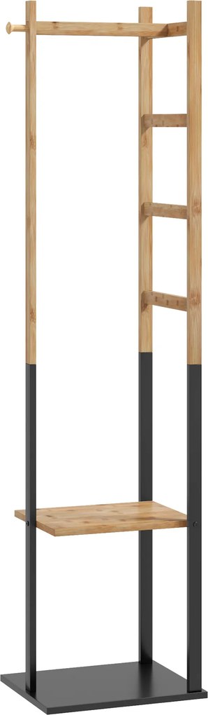 HOMCOM Cuier de Podea Autoportant cu Bară Centrală, 4 Bare Laterale, 2 Cârlige și 2 Rafturi, 46x28,5x153,5 cm, Negru | Aosom Romania
