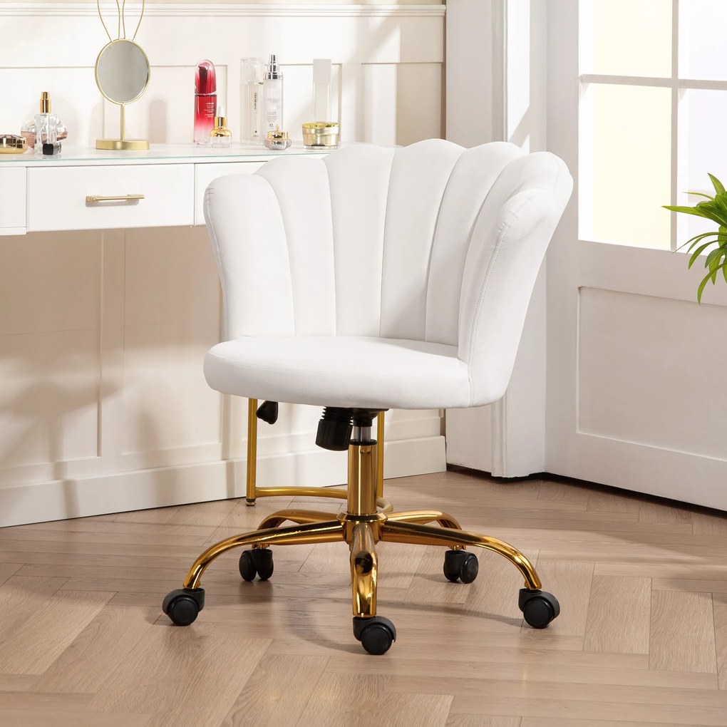 HOMCOM Scaun birou din catifea, scaun coafeză cu spătar în formă de petală, înălțime reglabilă, 69 x 64 x 80-90 cm, alb | Aosom Romania