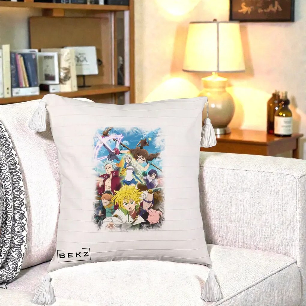 Perna Personalizata Nanatsu no Taizai Cele Sapte Pacate Mortale Anime, 40x40 cm, Bej cu Franjuri, Husa Detasabila, Perna Inclusa, BEKZ®
