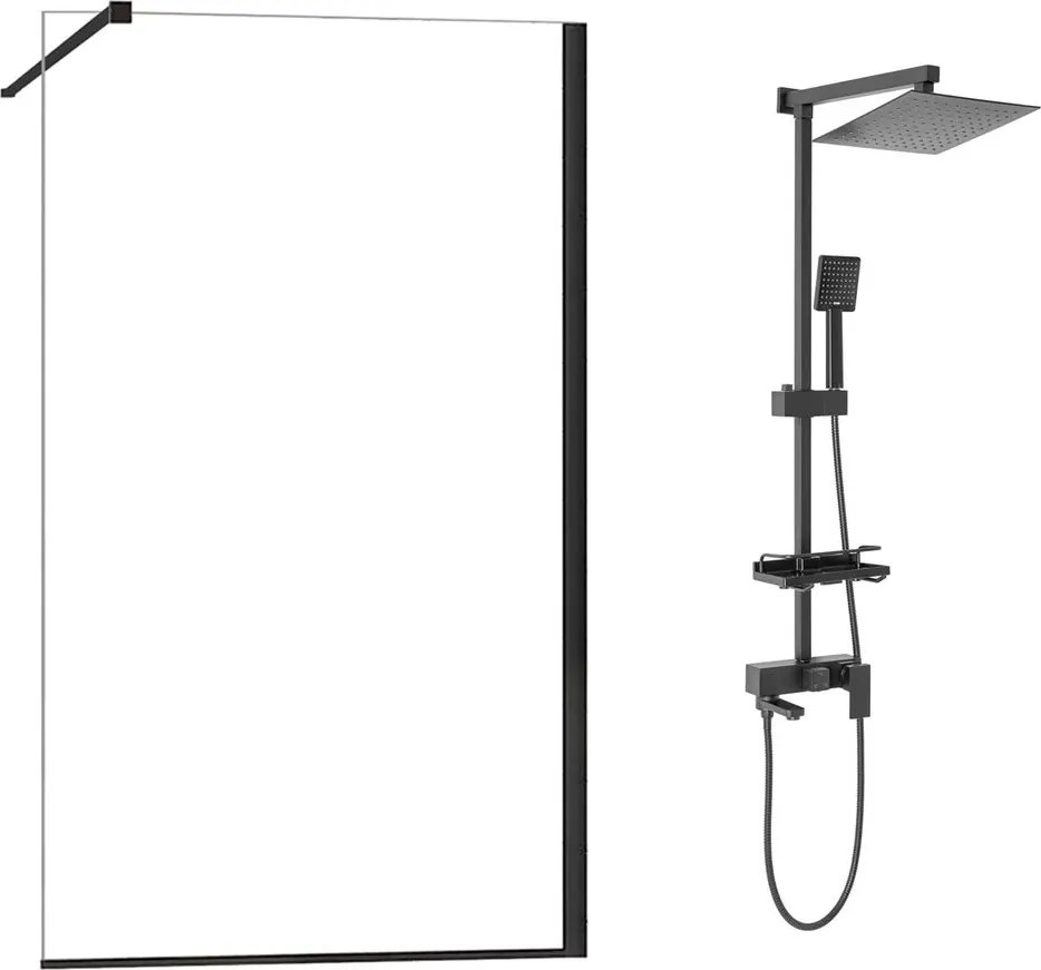 Pachet paravan dus Walk-In Fluminia Foxy negru 100x200 cm si coloana de dus Rea Jack negru