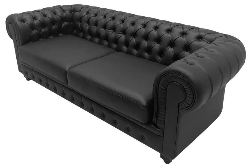 CANAPEA LUX CHESTERFIELD, 218X100X67 CM, PIELE ECOLOGICA, CULOARE NEGRU, SEZUT SPUMA, CADRU LEMN
