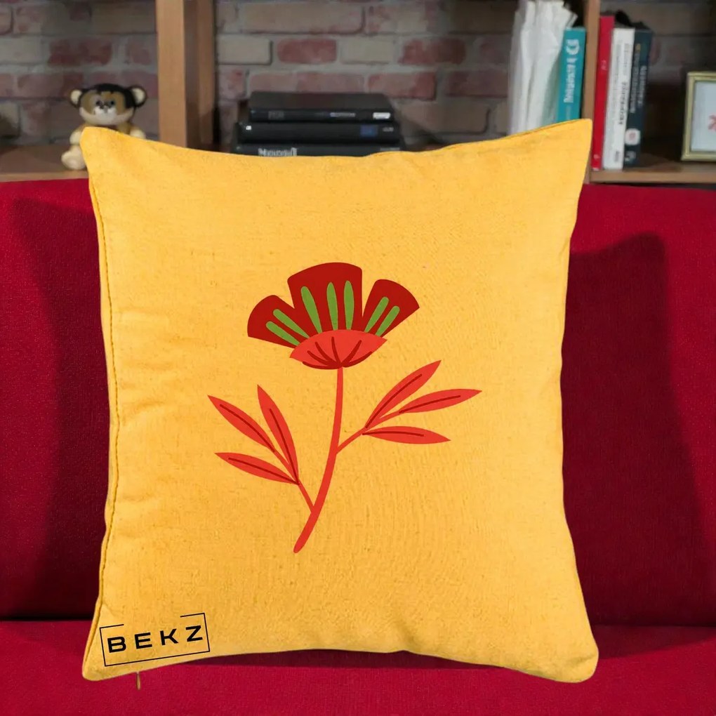 Perna Decorativa Floare Macul Roz-Rosu Grafic, 40x40 cm, Galben, Husa Detasabila, Perna Inclusa, BEKZ®