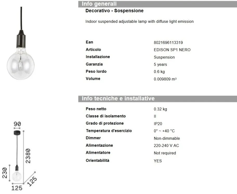 Pendul modern diametru 11cm EDISON SP1 NERO 113319