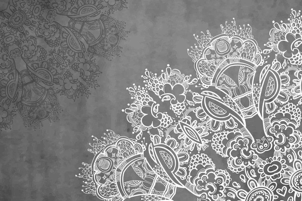 Tablou elementele unei Mandale florale în design alb-negru