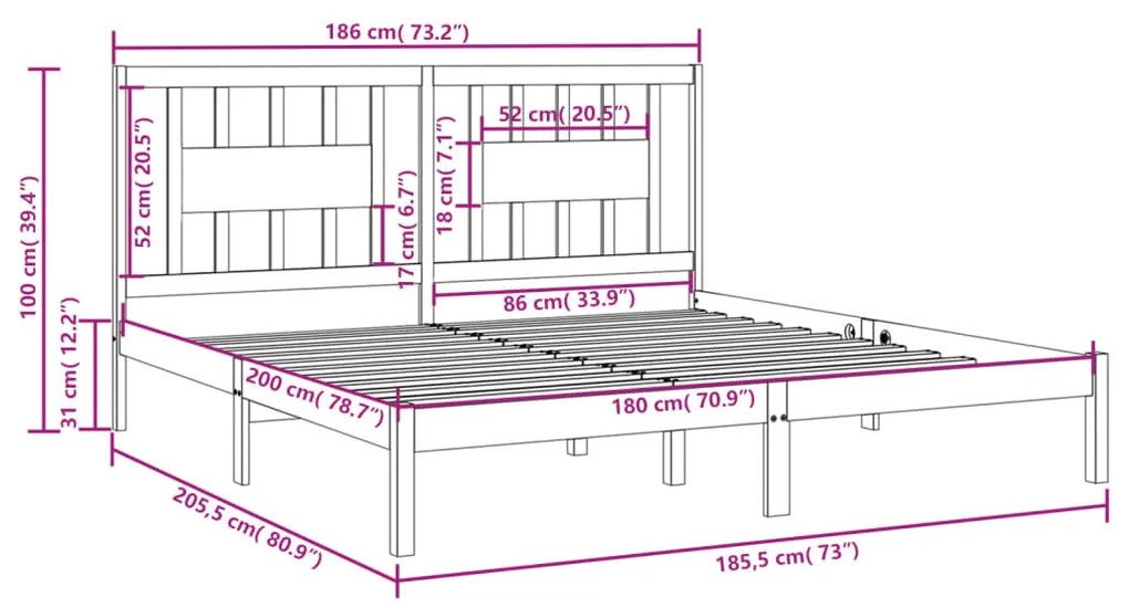 Cadru de pat Super King 6FT, 180x200 cm, lemn masiv Maro, 180 x 200 cm