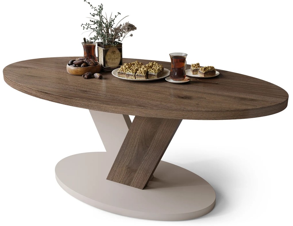 Mazzoni LOVA Nuc Elegant/Bej Taupe - MĂSUȚĂ OVALĂ 110x60 cm MĂSUȚĂ DE CAFEA MODERNĂ