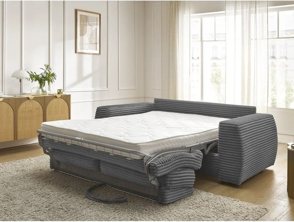 Canapea gri închis pentru dormitul zilnic/extensibilă cu tapițerie din catifea reiată 220 cm Hugo – Bobochic Paris