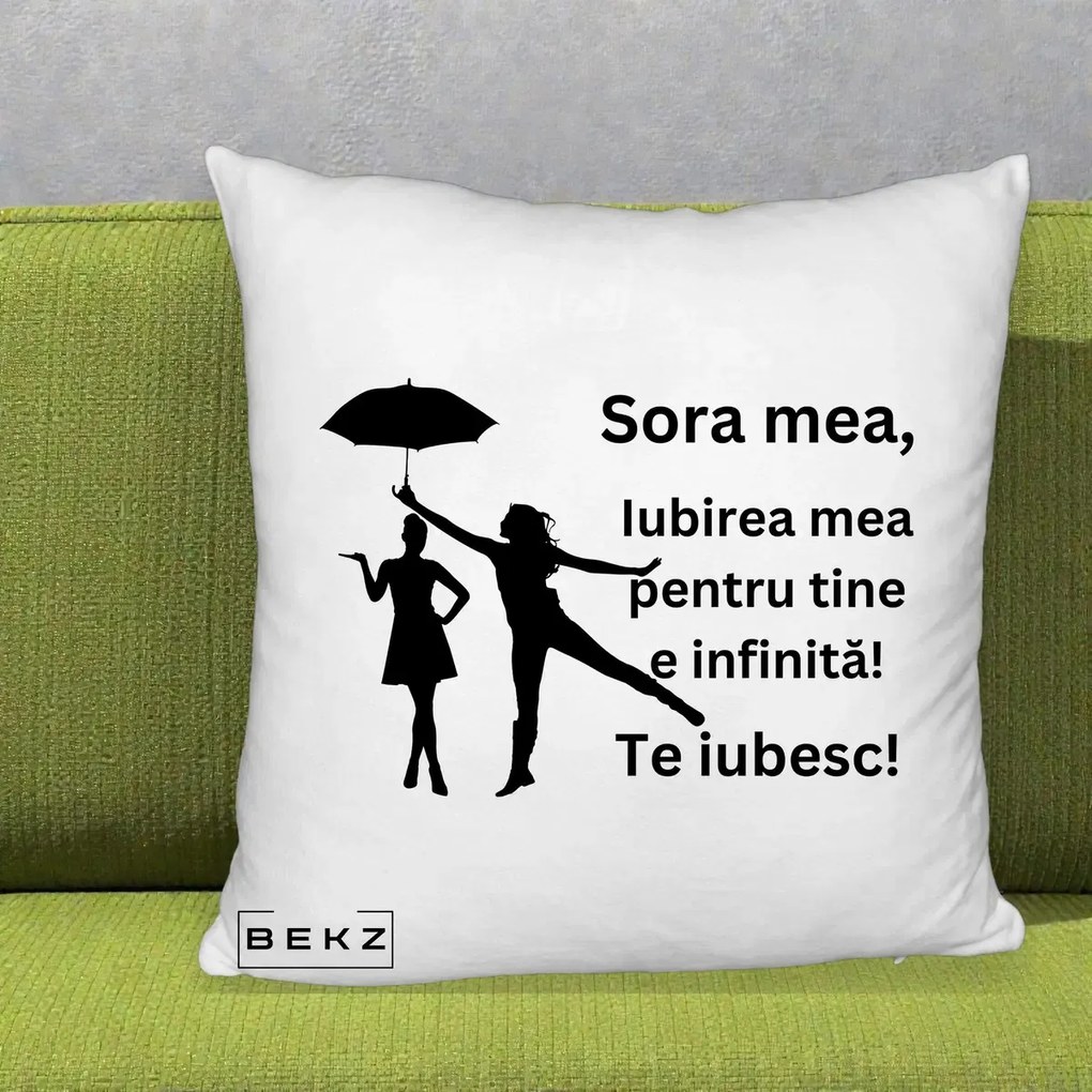 Cadou pentru Sora - Perna Personalizata Sora Mea Te Iubesc Siluete Negre cu Umbrela, 40x40 cm, Alb Pufos, Husa Detasabila, Perna Inclusa, BEKZ®