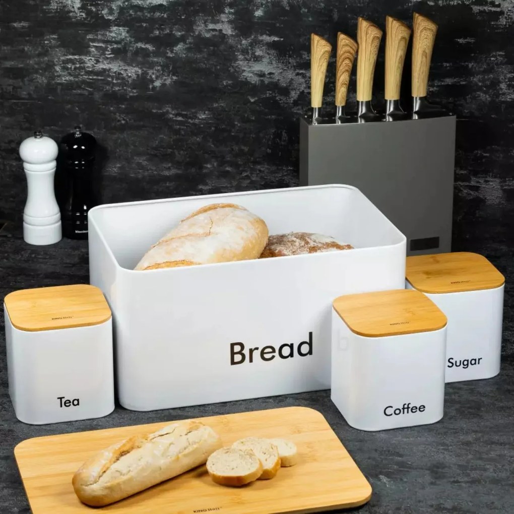 Set cutie de paine alba cu 3 recipiente otel, capace din bambus Kinghoff KH-1026