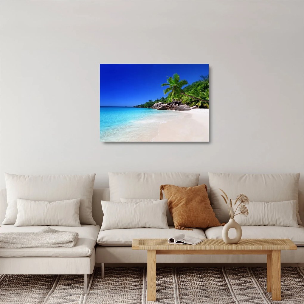 Tablou pe sticlă cu plaja pe insula Praslin (70x50 cm)