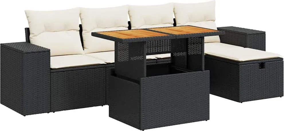vidaXL Set mobilier grădină perne 6 piese negru poliratan/lemn acacia
