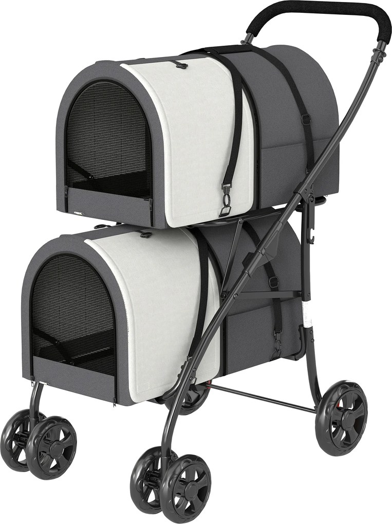 PawHut Cărucior Dublu pentru Câini și Pisici Pliabil cu 2 Transportine Detașabile cu Centură și Perne 66x50x98cm Gri Închis | Aosom Romania