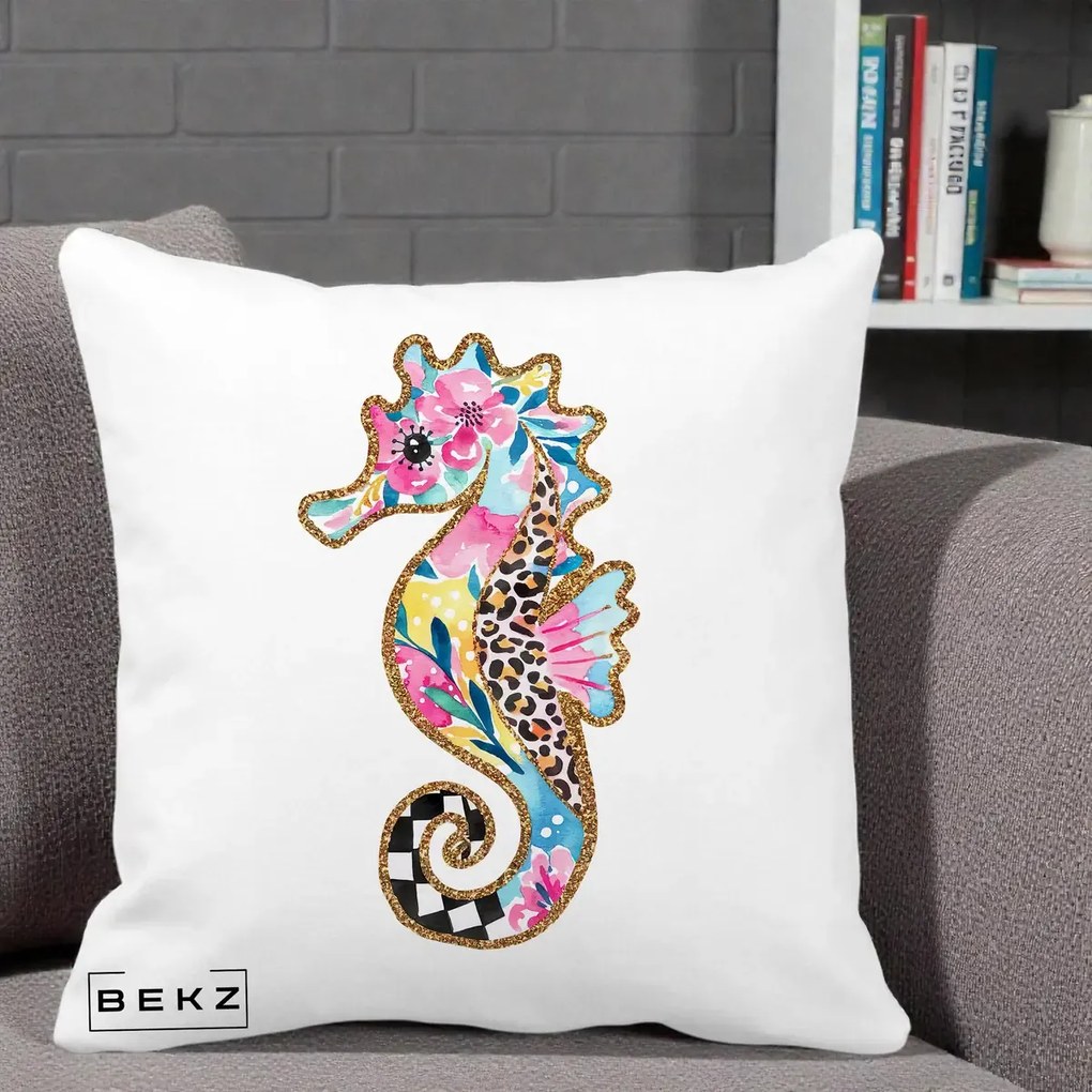 Perna Decorativa Calut de Mare Glitter Tropical, 40x40 cm, Alba Mata, Husa Detasabila, Perna Inclusa, BEKZ®