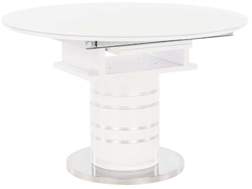 Masă dining extensibilă, alb extra lucios HG, diametru 120 cm, ZAMON