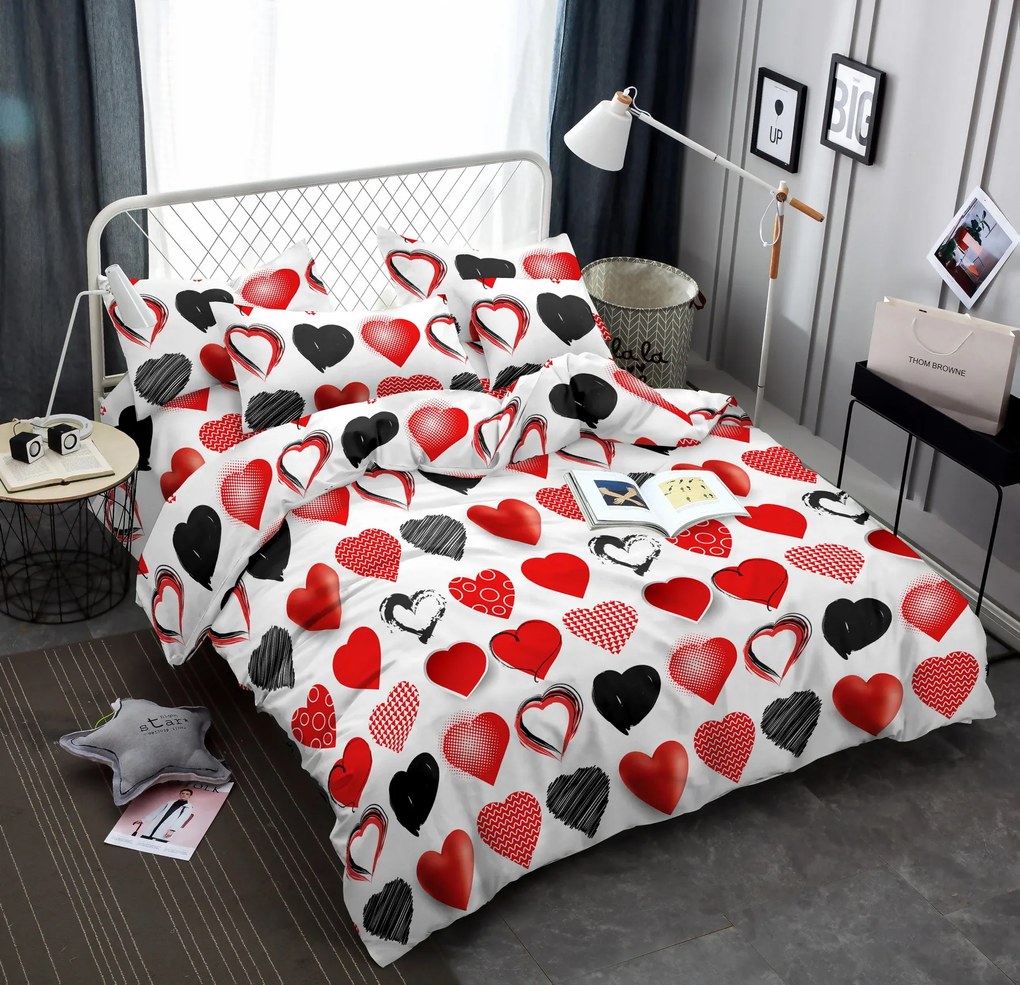 Lenjerie de pat din microfibra alba, HEARTS RED AND BLACK