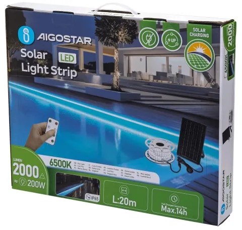 Aigostar - Bandă LED solară dimabilă, 20 W, 3,2 V, 20 m, 6500 K, IP65, cu telecomandă