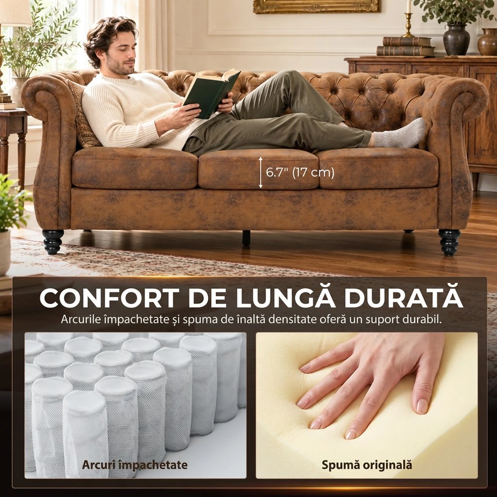 HOMCOM Canapea Chesterfield 3 Locuri din Material Respirabil cu Aspect de Piele, Șezut Lat, Umplutură Groasă, Maro Cafea | Aosom Romania