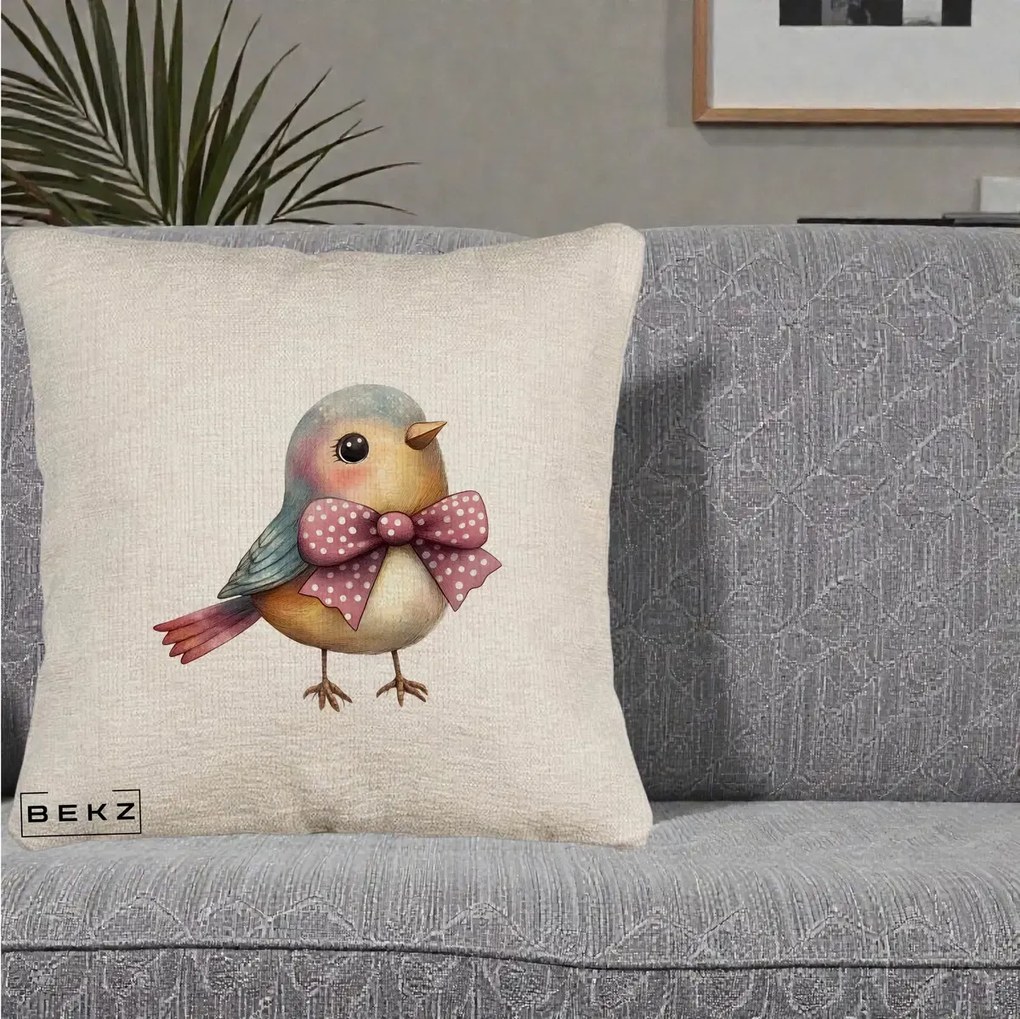 Perna Decorativa Pasare Bleu cu Fundita Roz, 40x40 cm, Bej Canapea, Husa Detasabila, Perna Inclusa, BEKZ®
